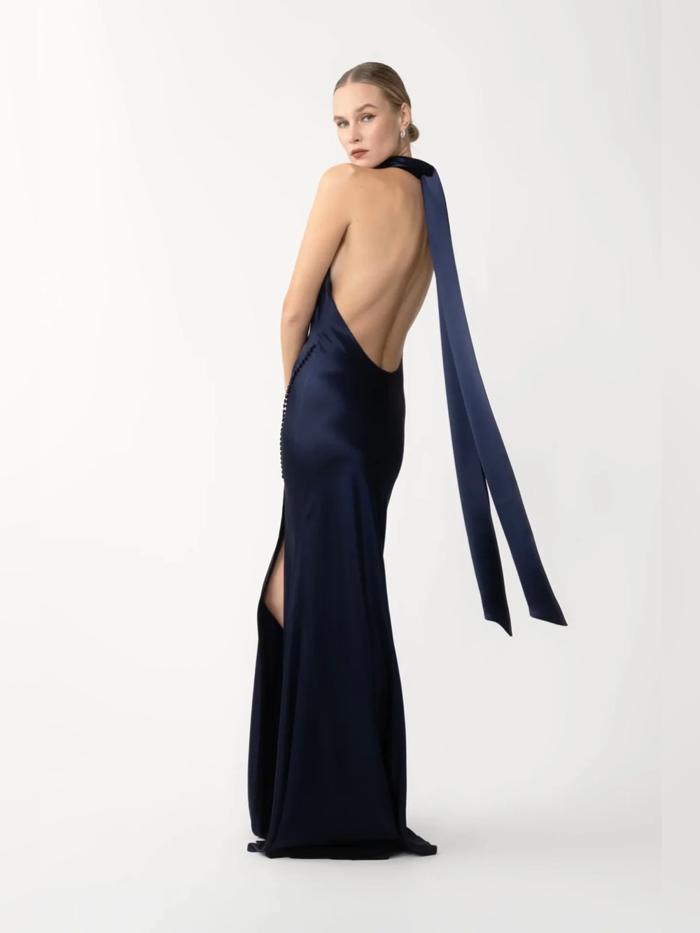 Sau Lee Penelope Backless Satin Gown Midnight Navy